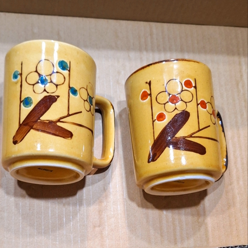Two Vintage Retro Korean Abstract Coffee Mugs Floral Asian Design